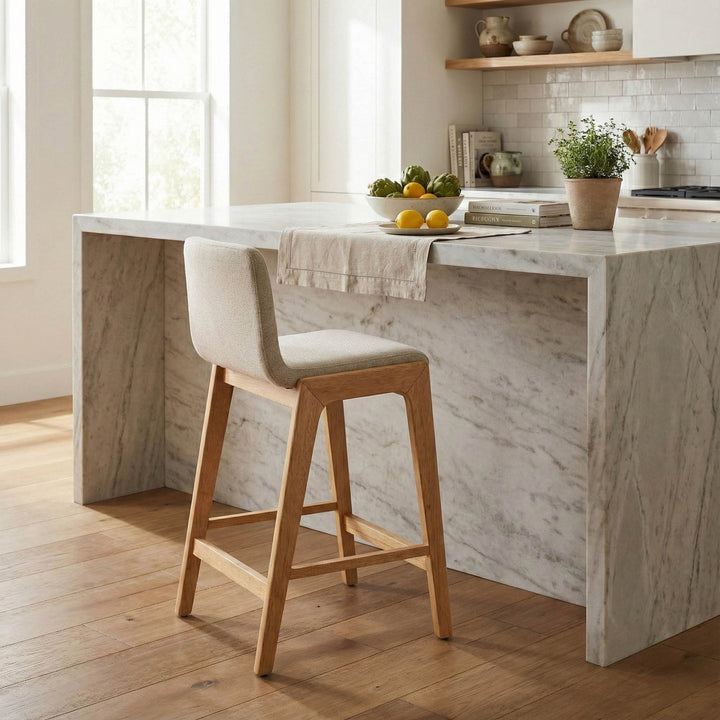 Berg Counter Stool, Grey Upholstered Seat, Solid Rubberwood Frame, Retro Scandinavian Design