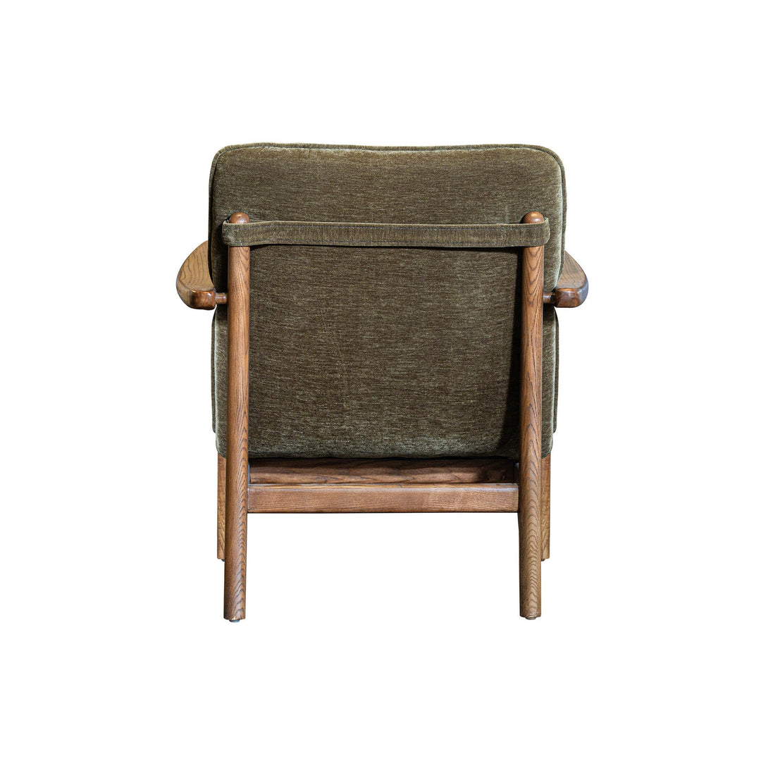 Green upholstered armchair with wooden frame on a white background