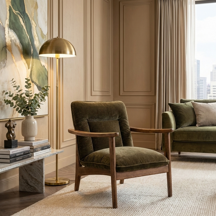 Modern living room with a green armchair, gold floor lamp, and cityscape view.