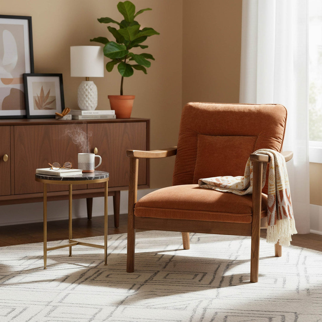 Cozy living room with an orange armchair, side table, and decorative items.