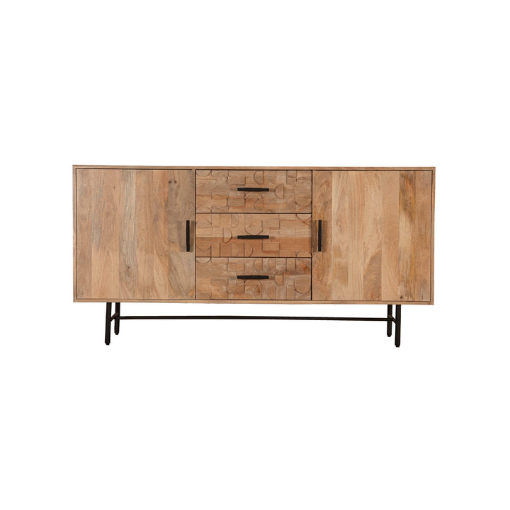 Hand-carved mango wood sideboard with antique bronze hardware and iron base. Rustic luxury meets modern craftsmanship. Free Canada-wide shipping.
