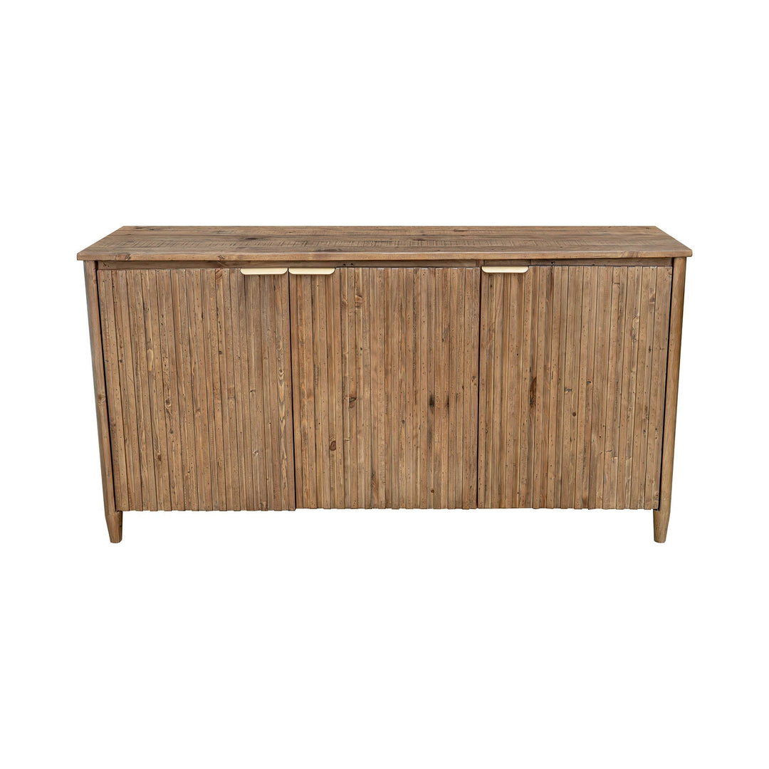 Elegant sideboard in recycled pine with brass handles and slatted front. Stylish hidden storage for modern homes. Free Canada-wide shipping.