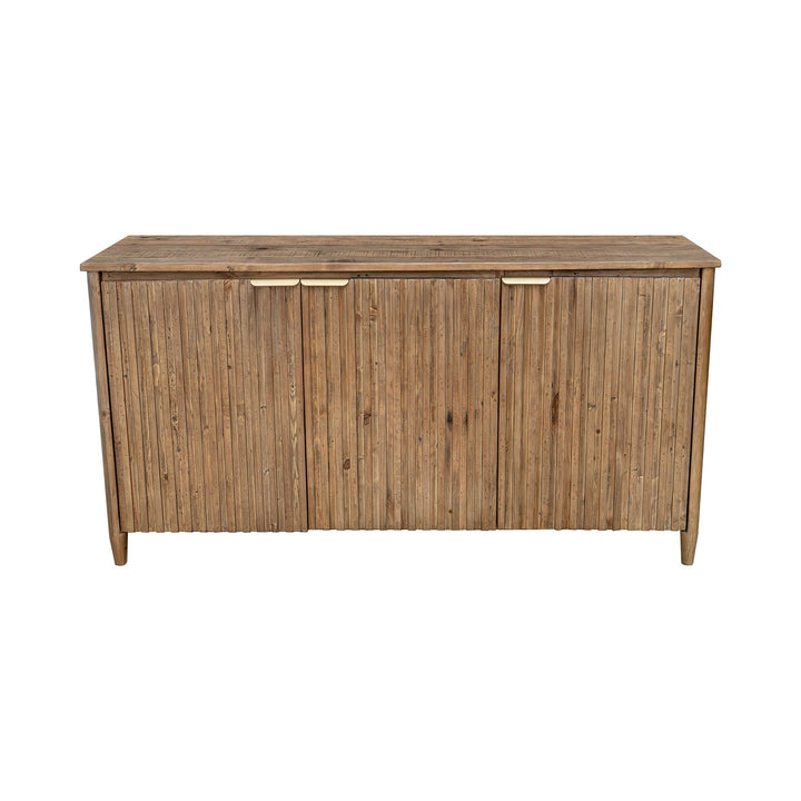 Elegant sideboard in recycled pine with brass handles and slatted front. Stylish hidden storage for modern homes. Free Canada-wide shipping.