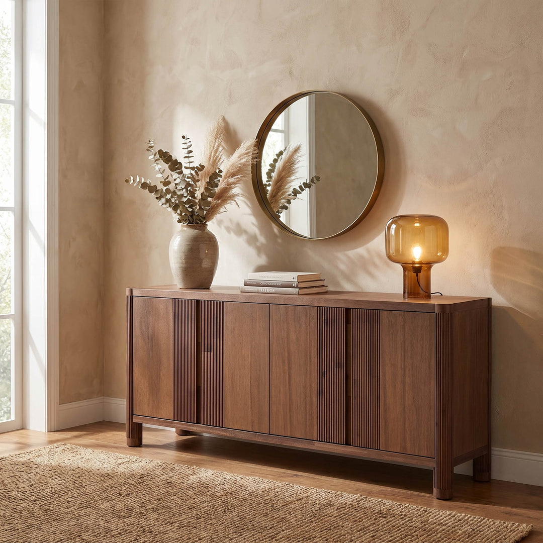 Amber solid acacia sideboard warm toffee in Canadian transitional living room