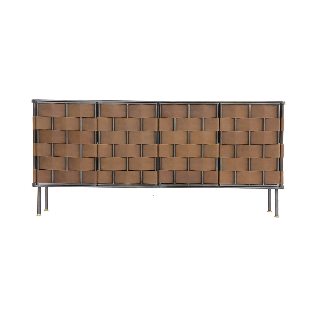 Handwoven leather and bronze metal sideboard with brass details. Luxurious mid-century design and smart storage. Free Canada-wide shipping.