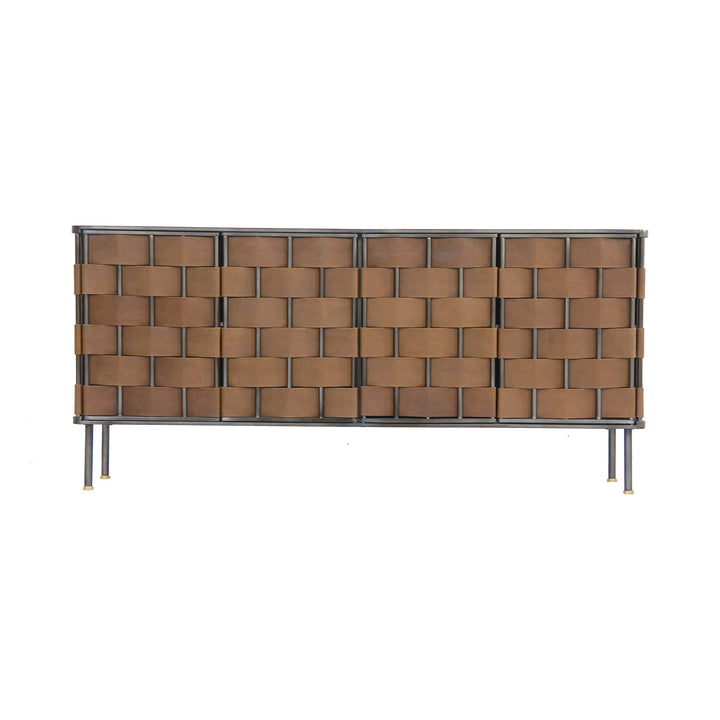 Handwoven leather and bronze metal sideboard with brass details. Luxurious mid-century design and smart storage. Free Canada-wide shipping.