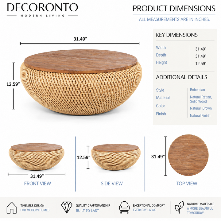Decoronto modern living round woven rattan pouf stool with a natural brown wood top, shown with product dimensions, front/side/top views, and feature icons on a white background.