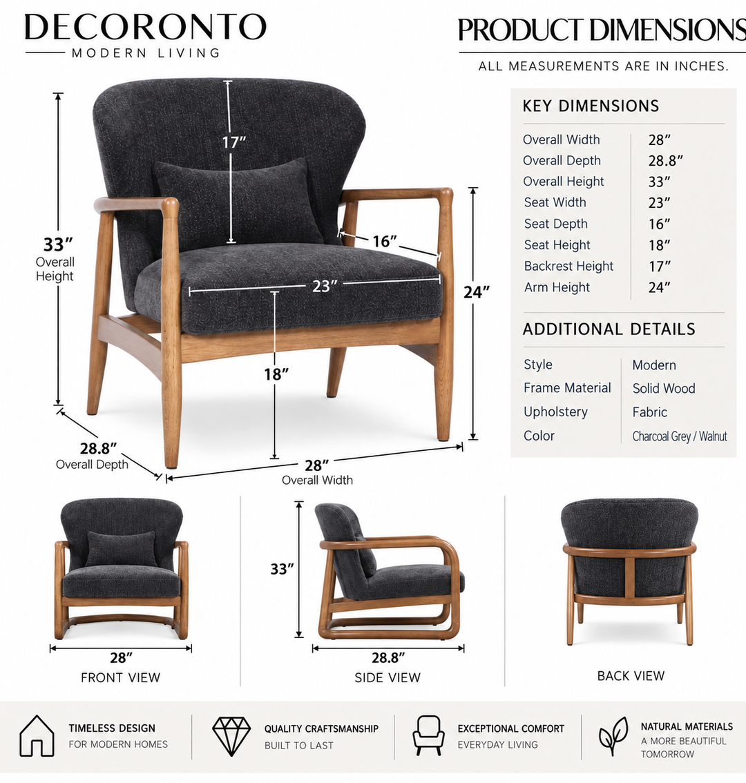 Beckett Club Chair – Inkwell Grey-Blue Upholstered Accent Chair with Ash Wood Frame &amp; Lumbar Pillow