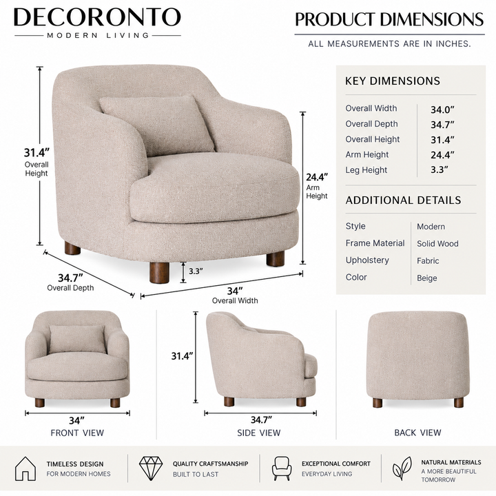 Weston Club Chair – Plush Loose Cushion Accent Chair with Exposed Rubberwood Legs ,Modern Lounge Chair