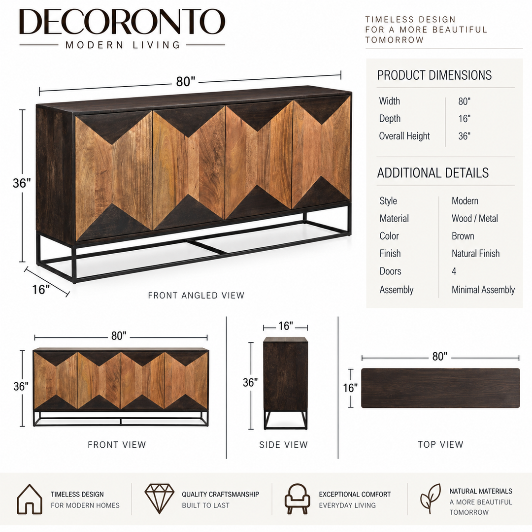 Hex 80" Sideboard, Mango Wood Hexagon Design , Black Iron Base, Push-Open Doors