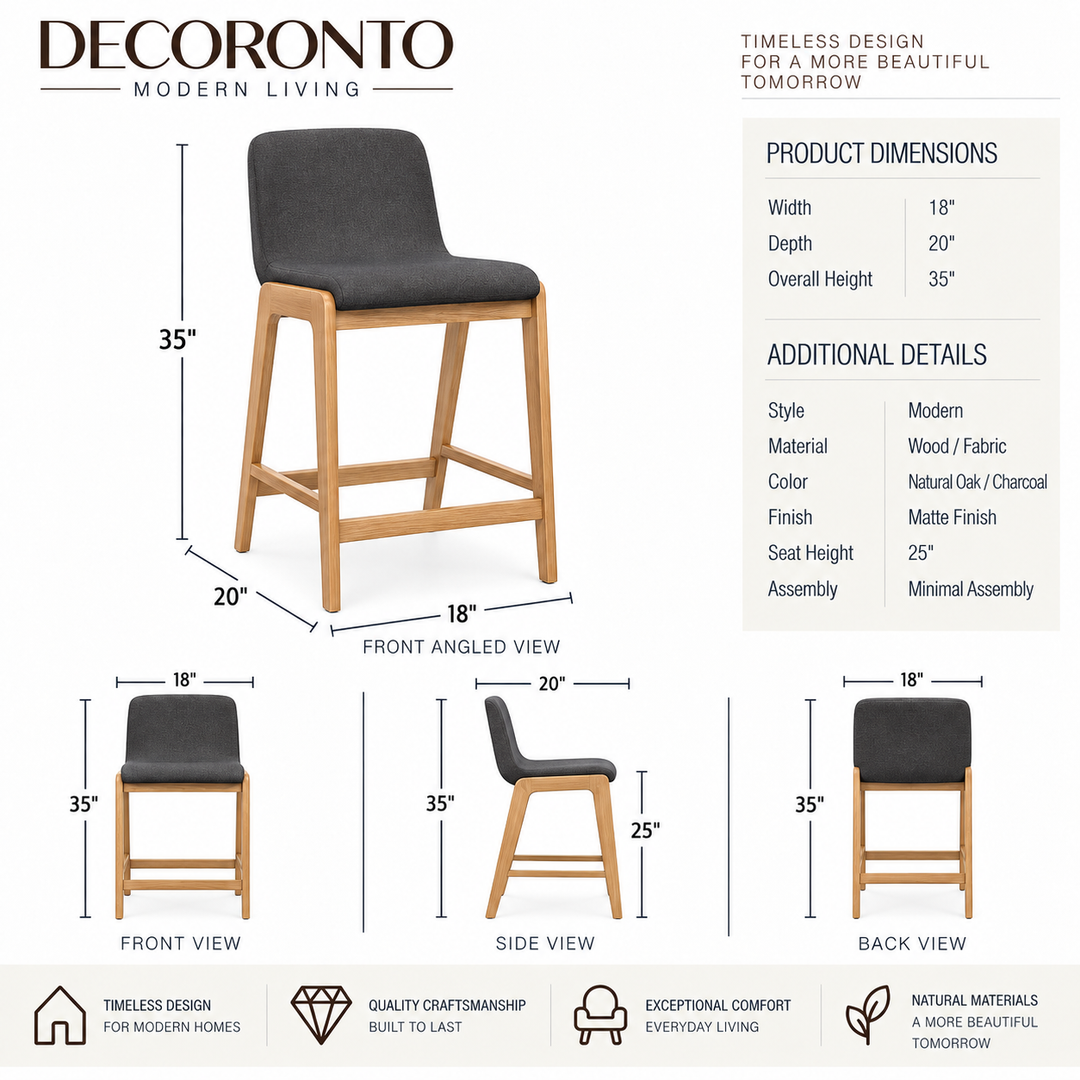 Berg Counter Stool, Grey Upholstered Seat, Solid Rubberwood Frame, Retro Scandinavian Design