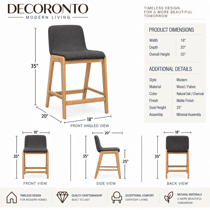 Berg Counter Stool, Grey Upholstered Seat, Solid Rubberwood Frame, Retro Scandinavian Design