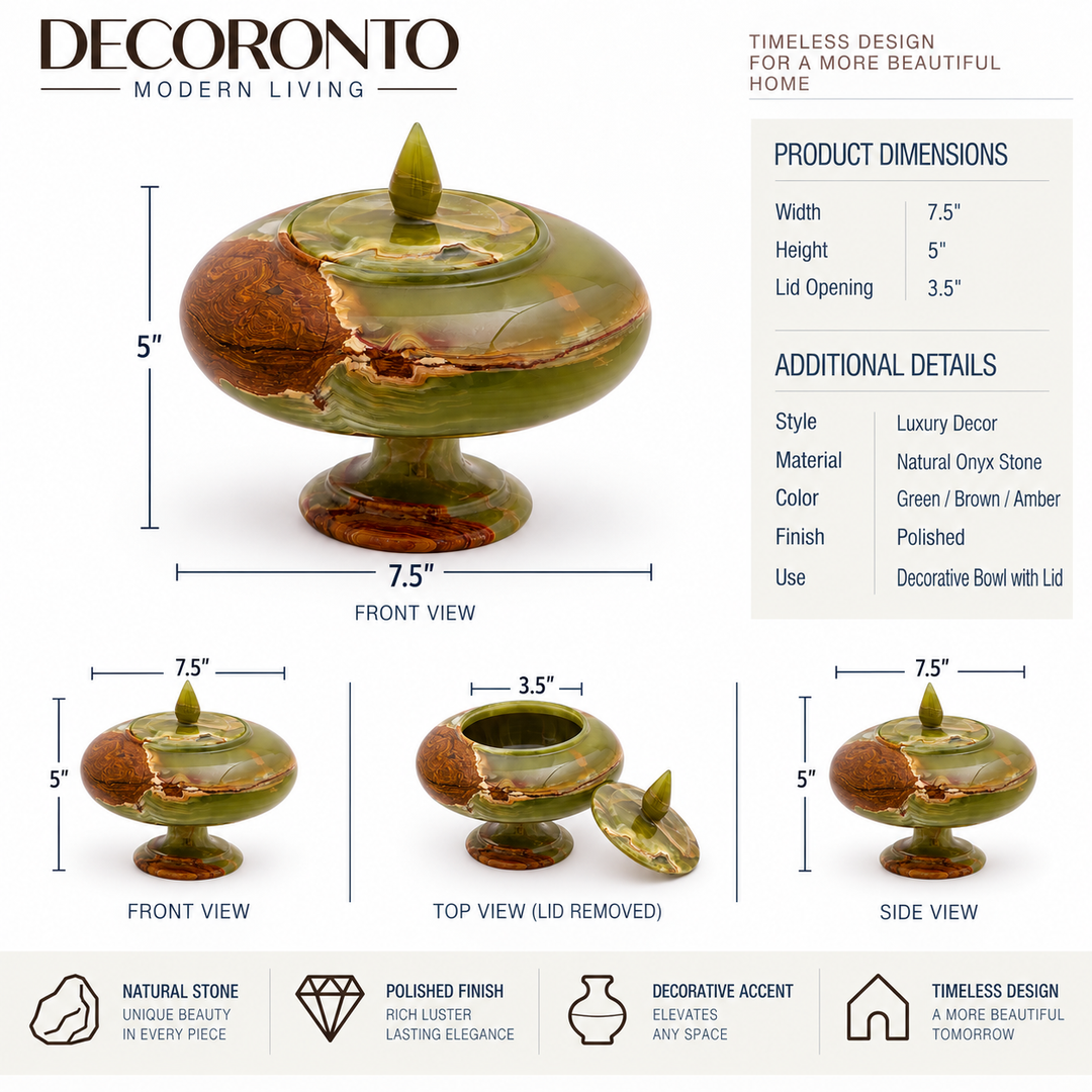 Alto Lidded Vessel, Hand-Carved Green Onyx on Pedestal Base , Sculptural Stone Accent , Olive Amber Veining-Small