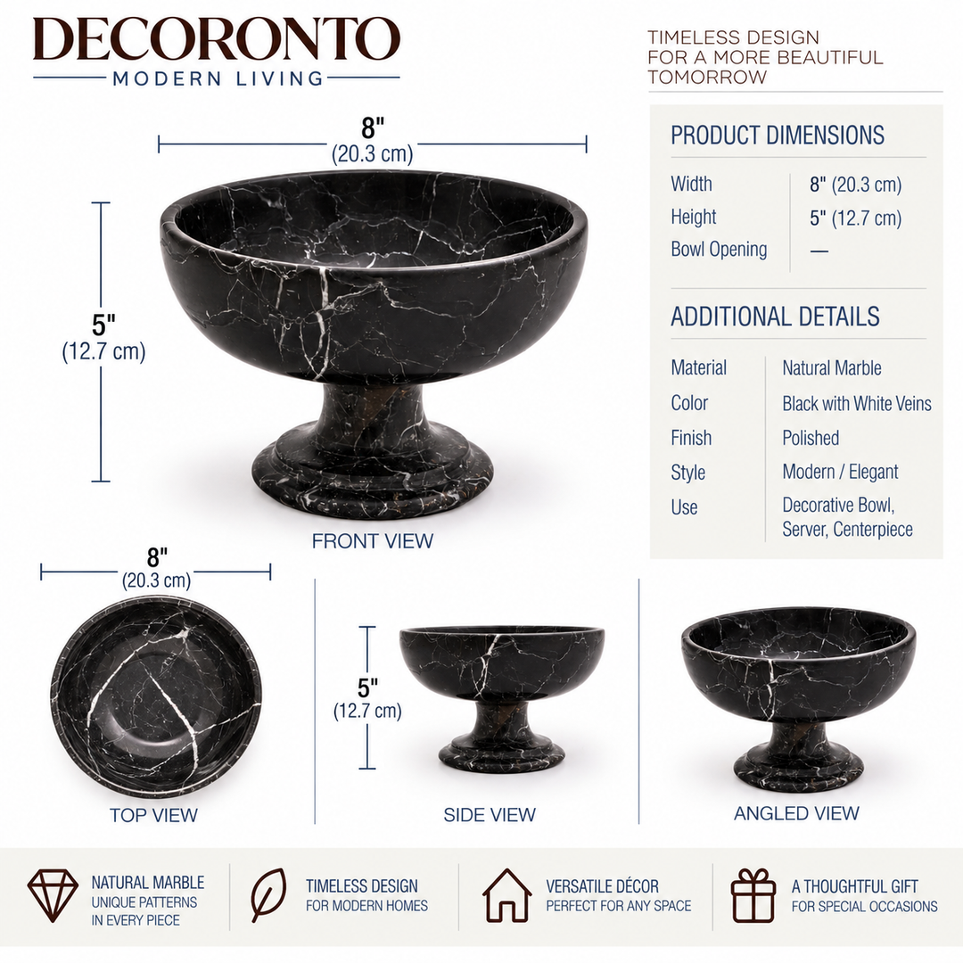 Nero Pedestal Bowl — Small , Solid Black Marble , White Veining , Polished Finish , Tabletop Accent