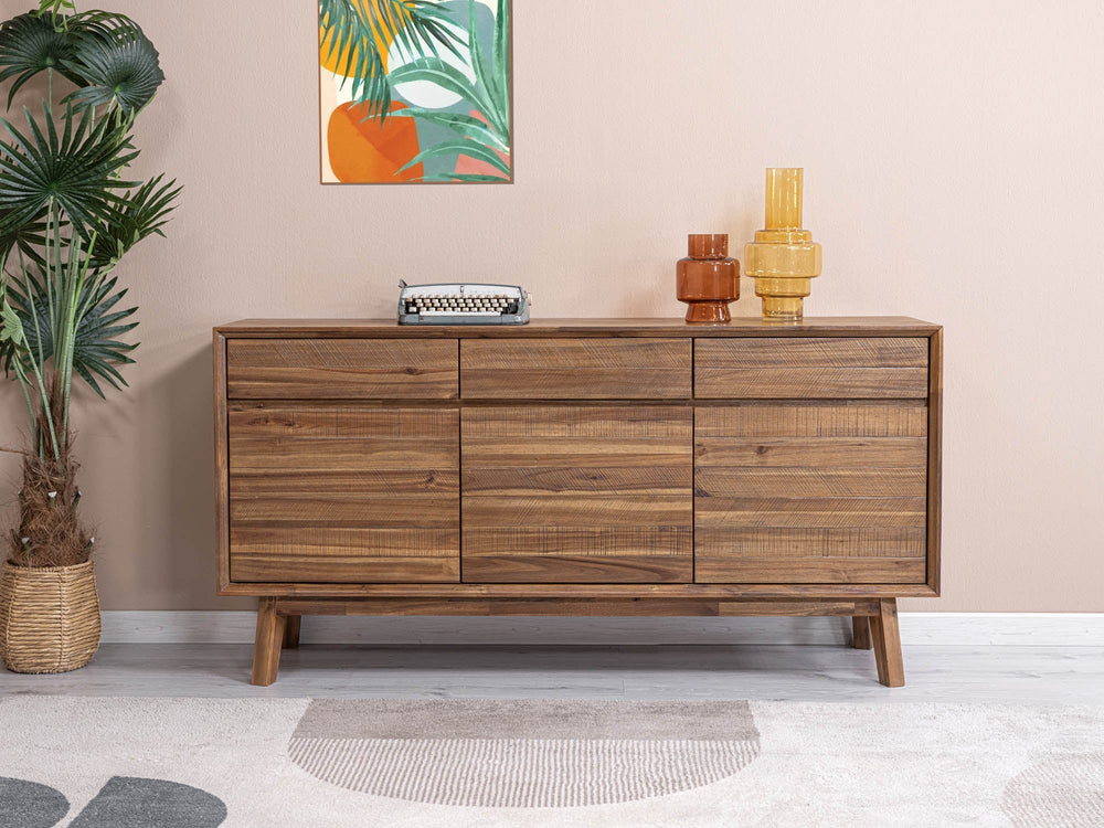 Elegant acacia sideboard in warm pecan finish with felt-lined drawers. Stylish storage for dining or living. Free Canada-wide shipping.
