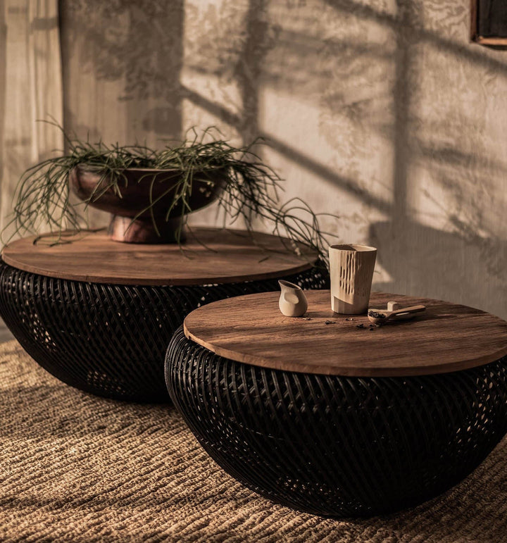 Nalu 31" Reclaimed Teak &amp; Handwoven Rattan Coffee Table, 2-in-1 Storage Basket, Eco-Friendly Artisan Table