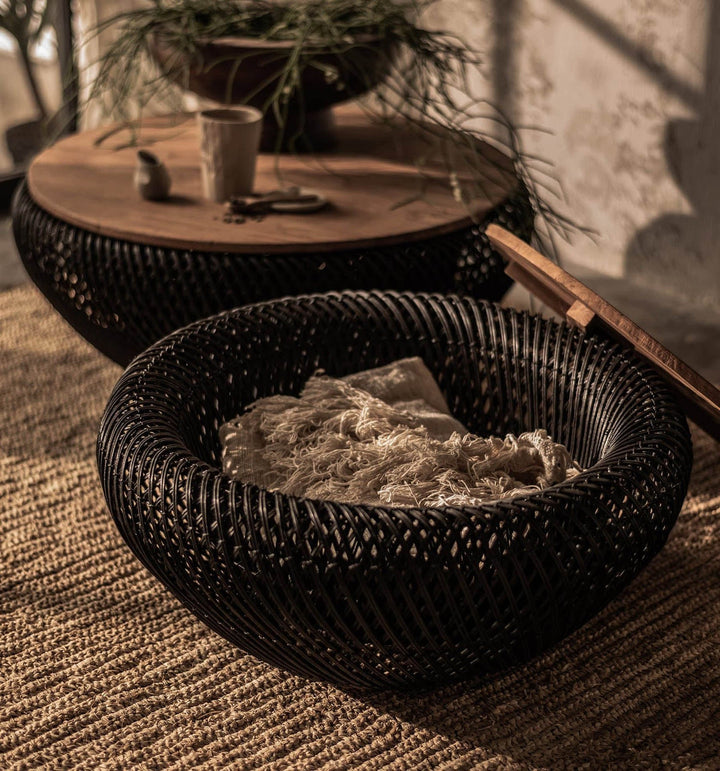 Nalu 31" Reclaimed Teak &amp; Handwoven Rattan Coffee Table, 2-in-1 Storage Basket, Eco-Friendly Artisan Table