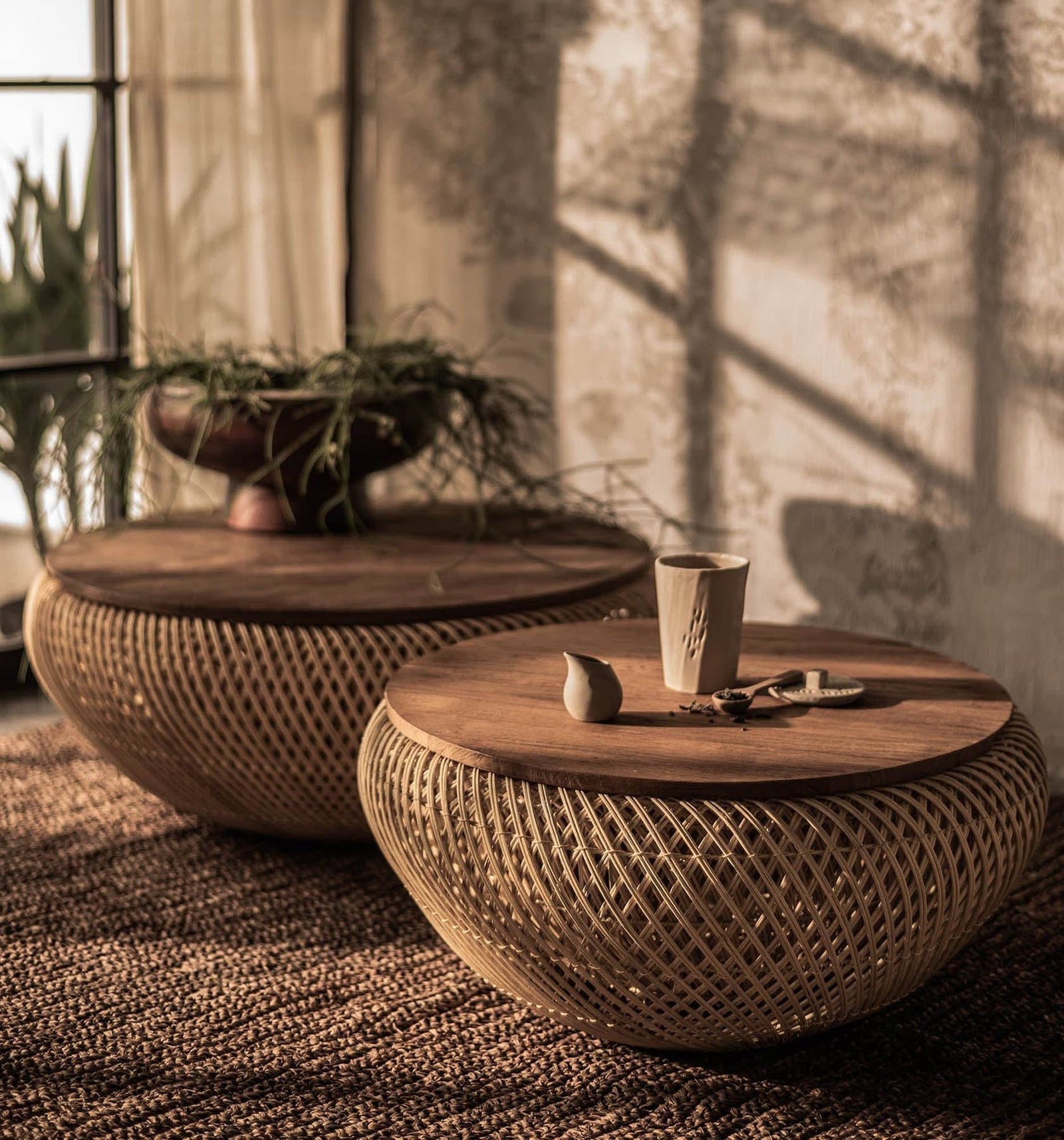 Nalu reclaimed teak handwoven rattan coffee table natural finish Canada