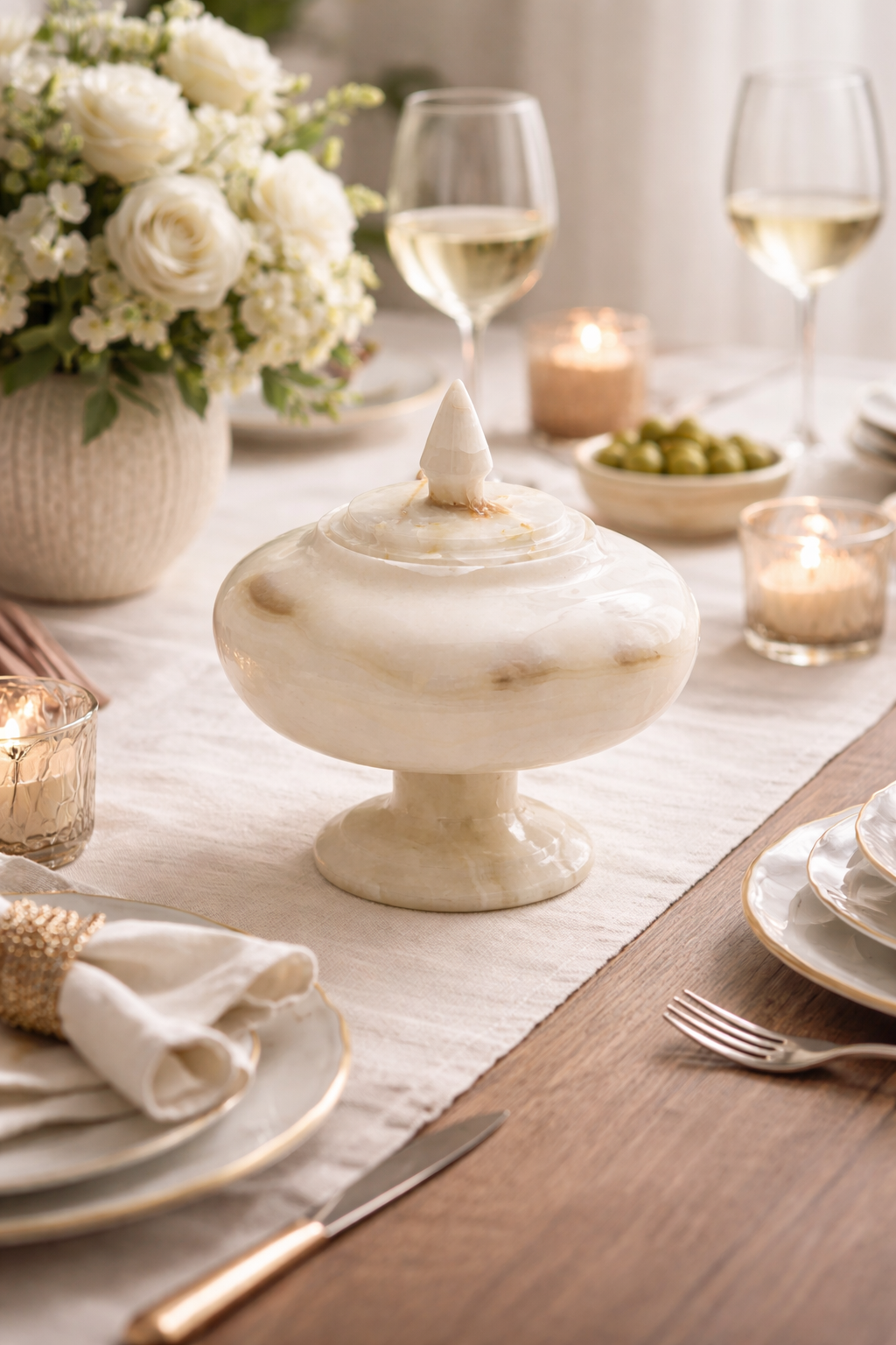 Cima ivory onyx elevated vessel tapered lid pedestal base natural stone