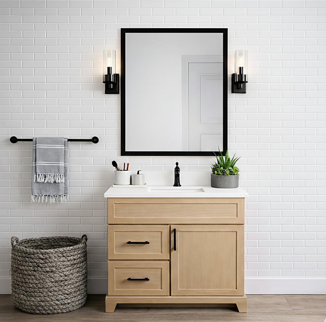 Lumi 36" Bathroom Vanity - Solid Wood With Quartz Top, White Oak - Decoronto