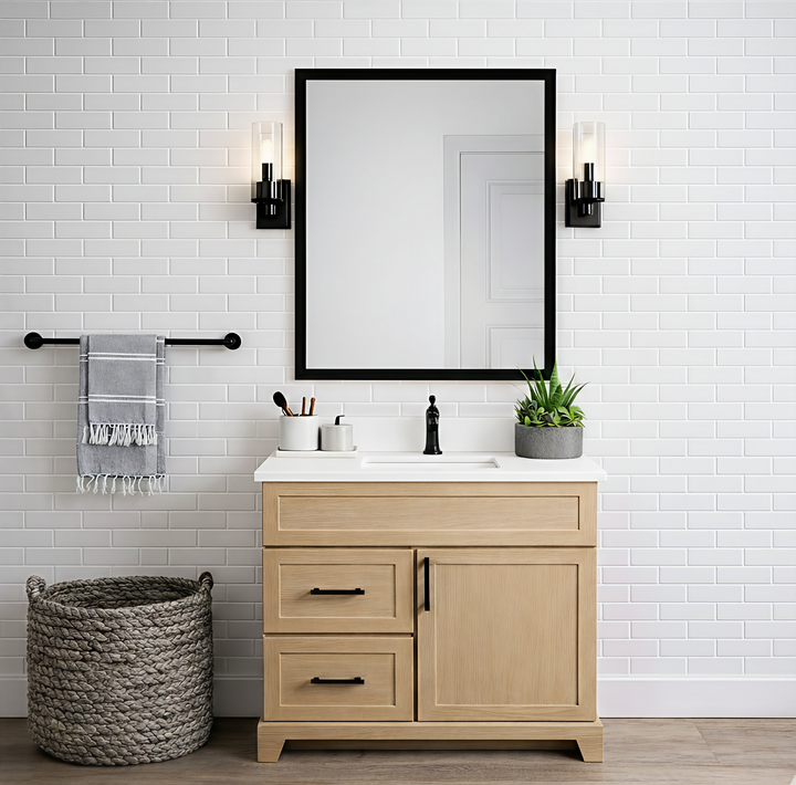 Lumi 36" Bathroom Vanity - Solid Wood With Quartz Top, White Oak - Decoronto