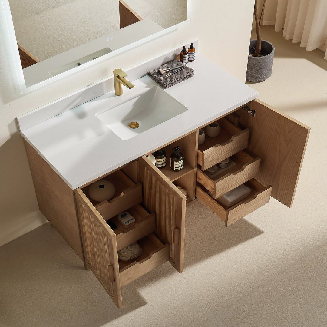 Elora 54 inch vanity 6 hidden soft-close drawers and 3 cabinet doors antique oak