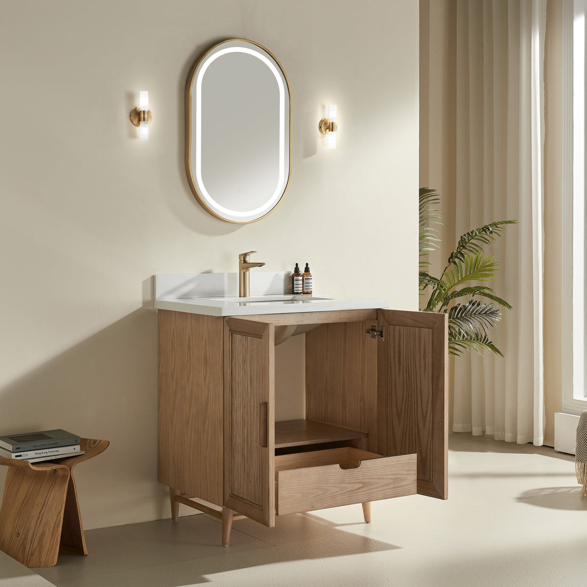 Elora antique oak vanity integrated hardware soft close door detail