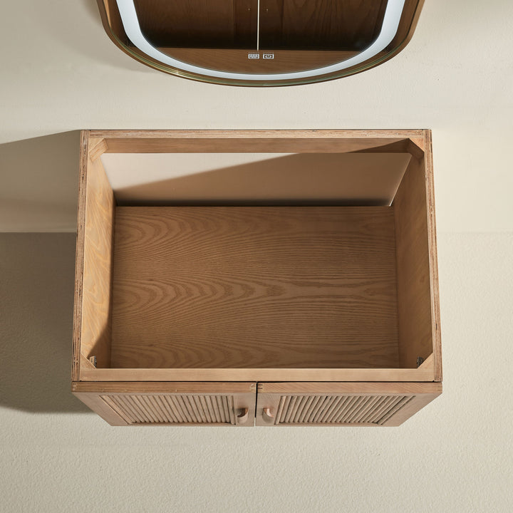 Elora antique oak vanity integrated hardware soft close door detail