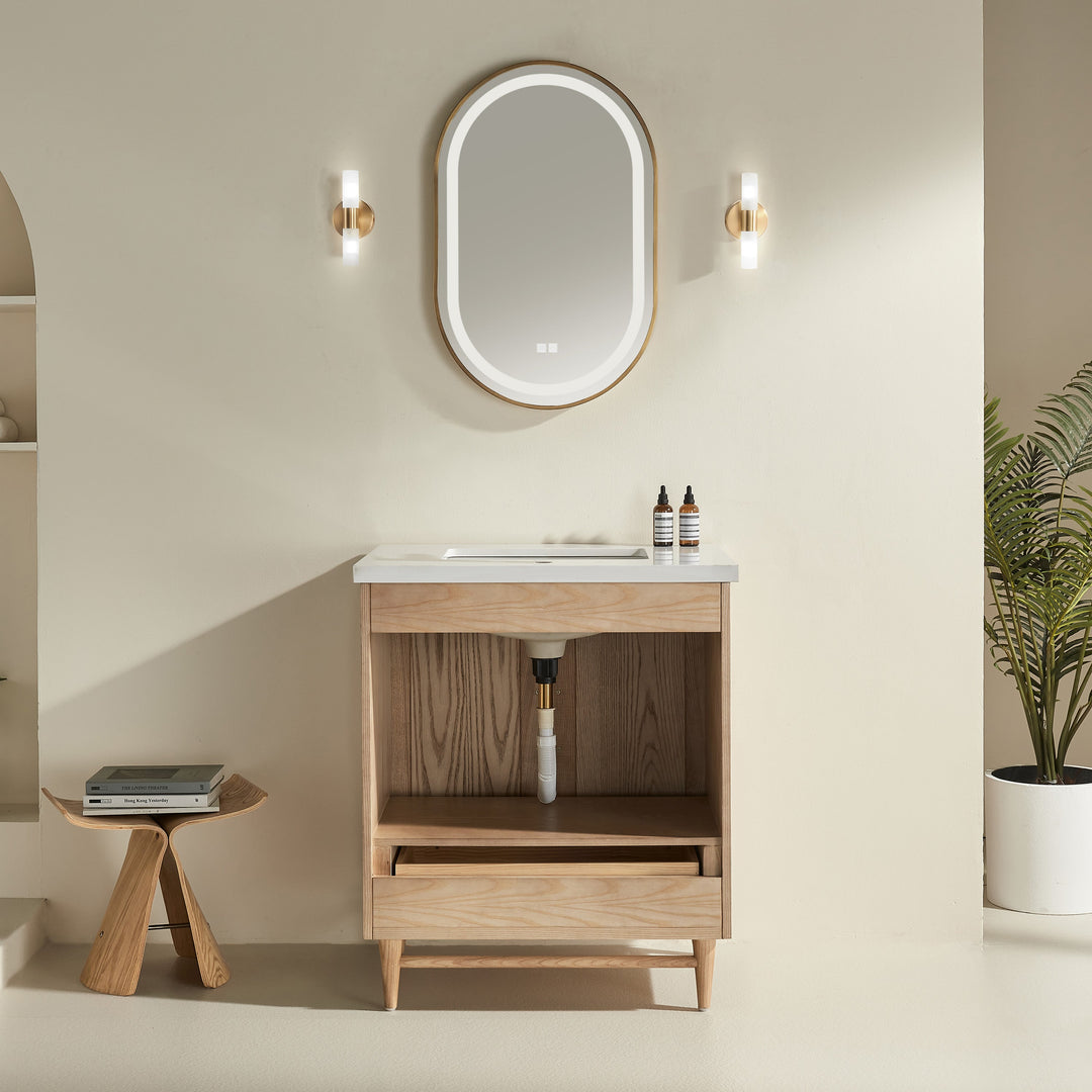 Elora antique oak vanity integrated hardware soft close door detail