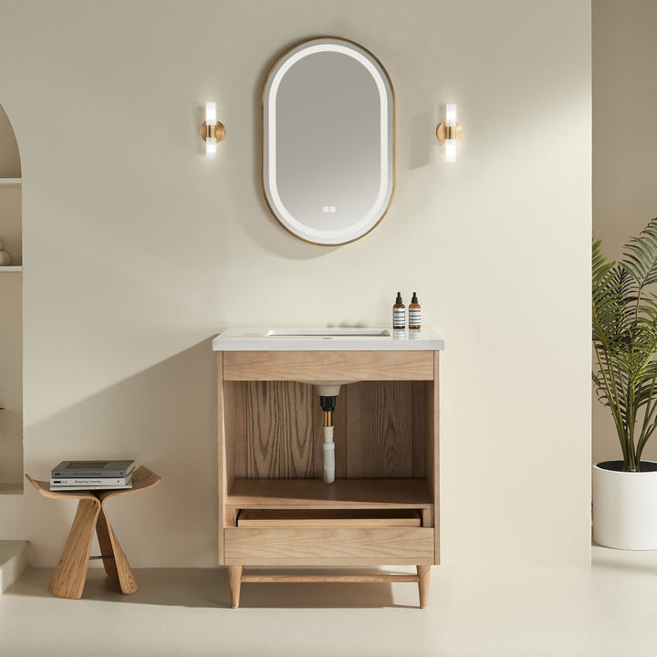 Elora antique oak vanity integrated hardware soft close door detail