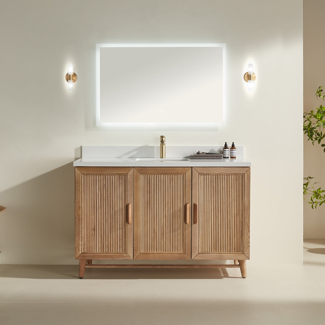 Elora 54" Antique Oak Solid Wood Freestanding Bathroom Vanity with Quartz Countertop &amp; Undermount Sink | Modern Single Sink Vanity Canada - Decoronto