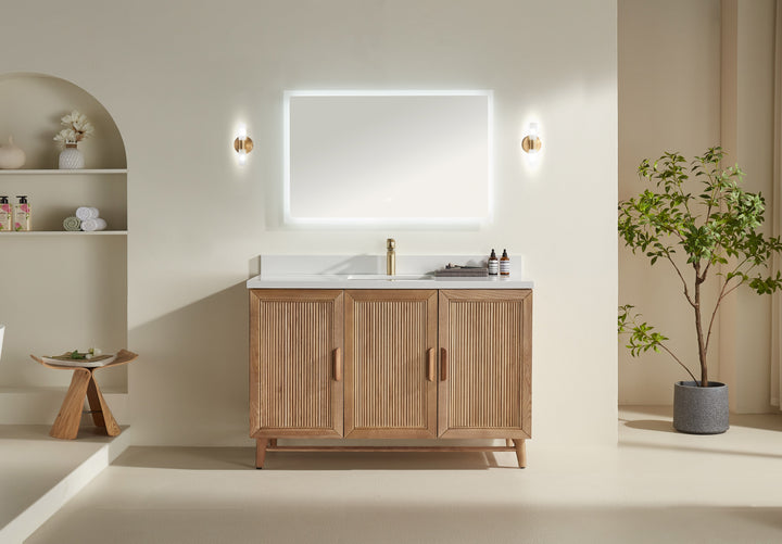Elora 54" Antique Oak Solid Wood Freestanding Bathroom Vanity with Quartz Countertop &amp; Undermount Sink | Modern Single Sink Vanity Canada - Decoronto