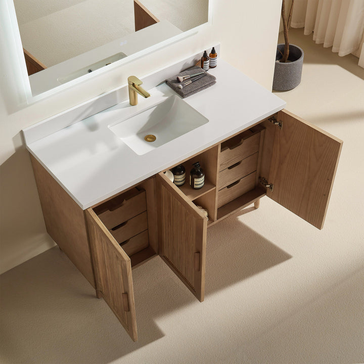 Elora 54" Antique Oak Solid Wood Freestanding Bathroom Vanity with Quartz Countertop &amp; Undermount Sink | Modern Single Sink Vanity Canada - Decoronto