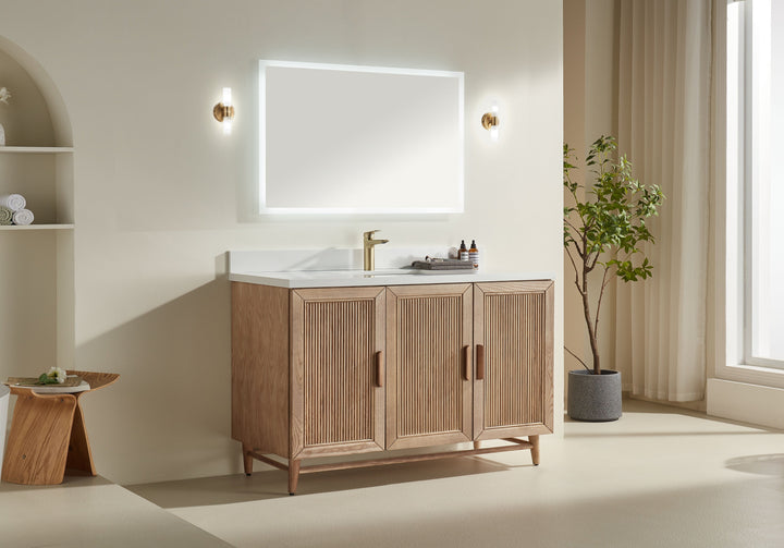 Elora 54" Antique Oak Solid Wood Freestanding Bathroom Vanity with Quartz Countertop &amp; Undermount Sink | Modern Single Sink Vanity Canada - Decoronto
