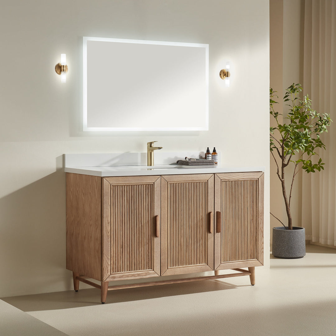 Elora 54 inch antique oak freestanding bathroom vanity with quartz countertop and undermount sink Canada