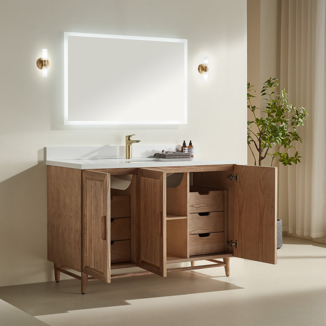 Elora 54" Antique Oak Solid Wood Freestanding Bathroom Vanity with Quartz Countertop &amp; Undermount Sink | Modern Single Sink Vanity Canada - Decoronto