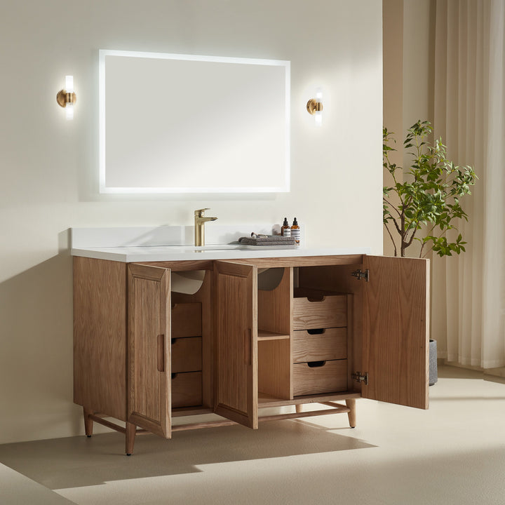 Elora 54" Antique Oak Solid Wood Freestanding Bathroom Vanity with Quartz Countertop &amp; Undermount Sink | Modern Single Sink Vanity Canada - Decoronto