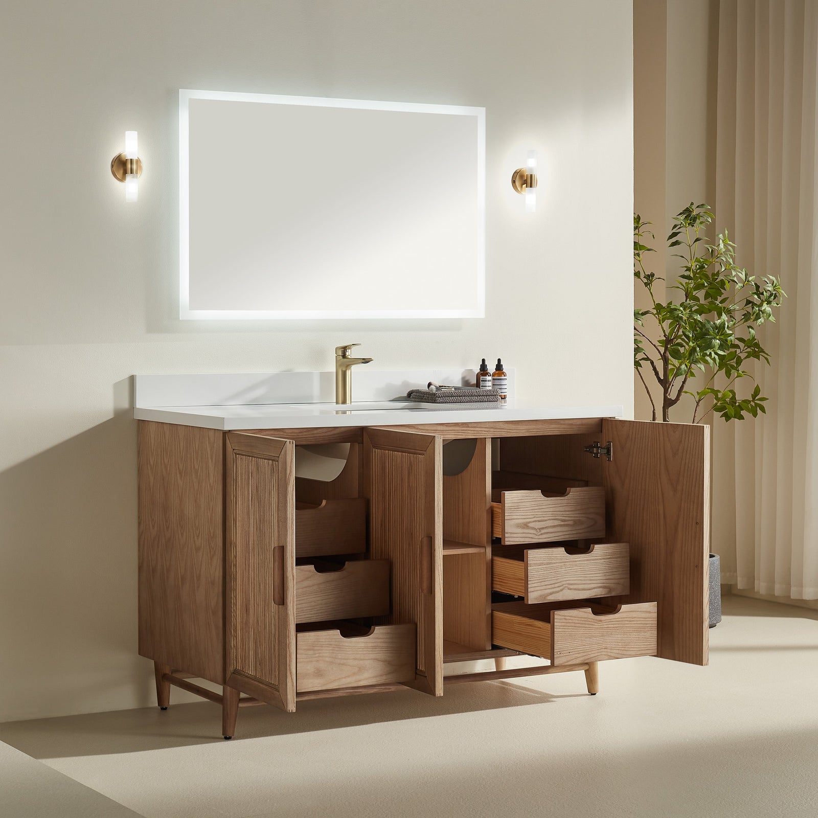 Elora 54 inch vanity 6 hidden soft-close drawers and 3 cabinet doors antique oak