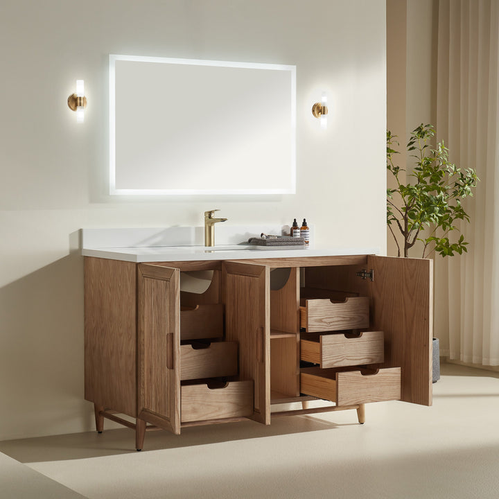 Elora 54 inch vanity 6 hidden soft-close drawers and 3 cabinet doors antique oak