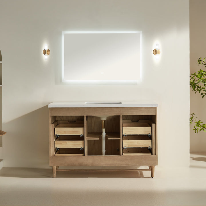 Elora 54" Antique Oak Solid Wood Freestanding Bathroom Vanity with Quartz Countertop &amp; Undermount Sink | Modern Single Sink Vanity Canada - Decoronto