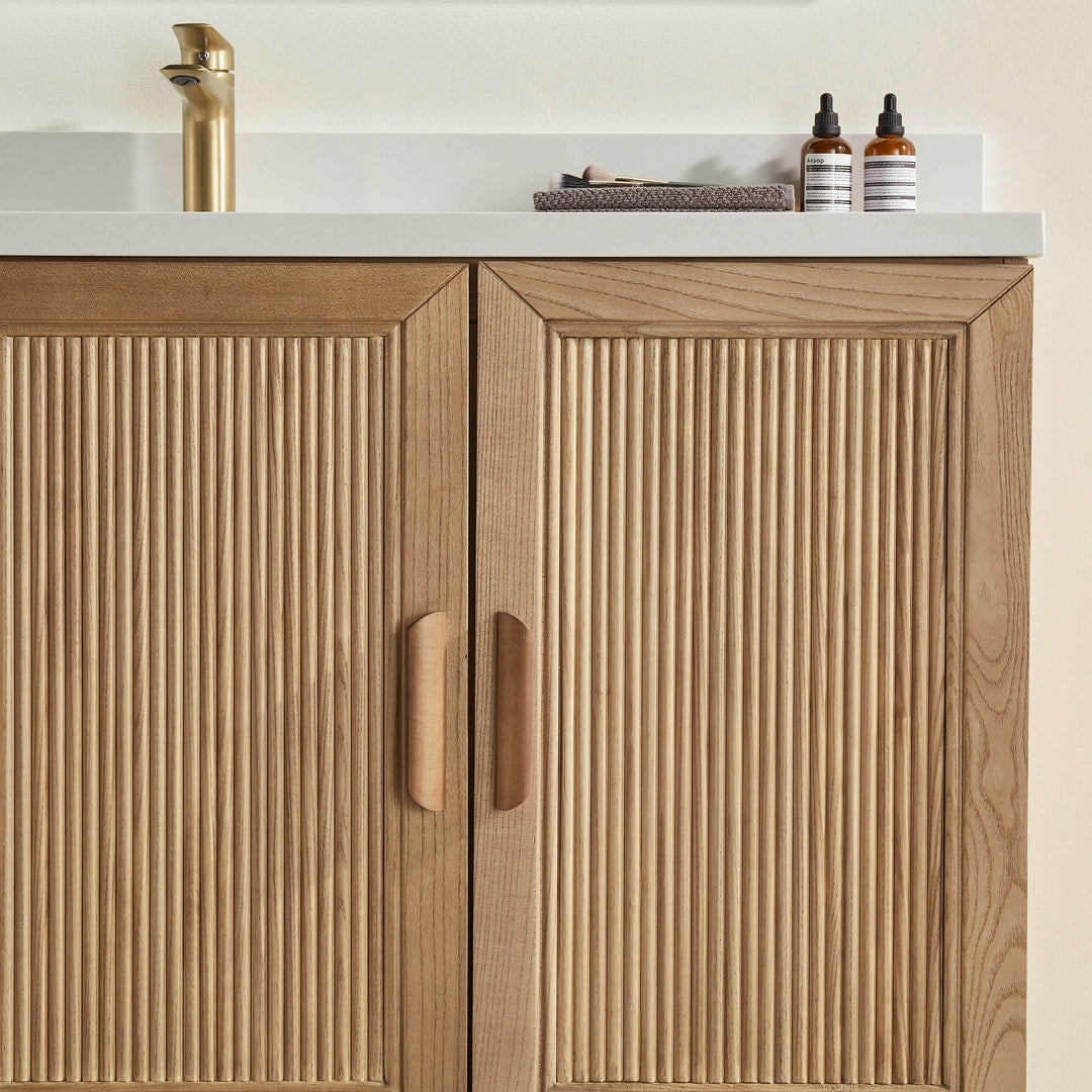 Elora 54" Antique Oak Solid Wood Freestanding Bathroom Vanity with Quartz Countertop &amp; Undermount Sink | Modern Single Sink Vanity Canada - Decoronto