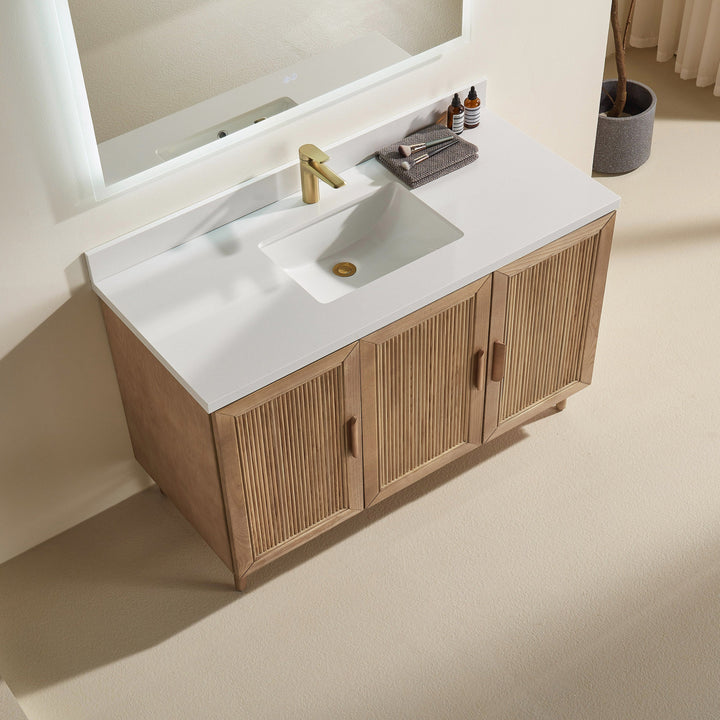 Elora 54 inch 3/4 inch quartz countertop with 4 inch backsplash and undermount ceramic sink