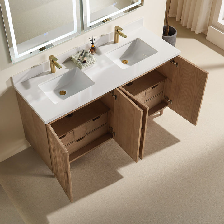Elora 60" Antique Oak Solid Wood Double Sink Freestanding Bathroom Vanity with White Quartz Countertop &amp; 2 Undermount Sinks | Modern Vanity Canada