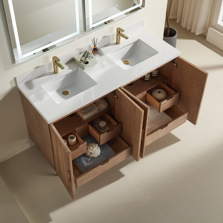 Elora 60 inch vanity 6 hidden drawers and 4 soft-close cabinet doors antique oak
