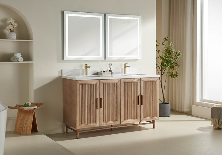 Elora 60" Antique Oak Solid Wood Double Sink Freestanding Bathroom Vanity with White Quartz Countertop &amp; 2 Undermount Sinks | Modern Vanity Canada