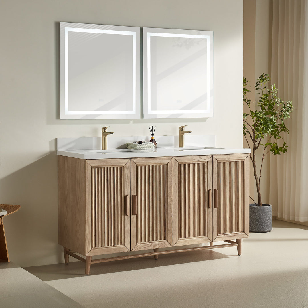 Elora 60" Antique Oak Solid Wood Double Sink Freestanding Bathroom Vanity with White Quartz Countertop &amp; 2 Undermount Sinks | Modern Vanity Canada