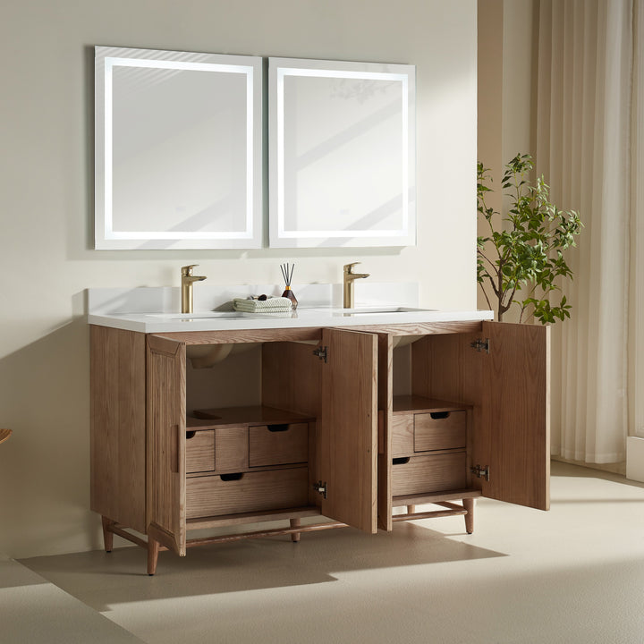 Elora 60" Antique Oak Solid Wood Double Sink Freestanding Bathroom Vanity with White Quartz Countertop &amp; 2 Undermount Sinks | Modern Vanity Canada