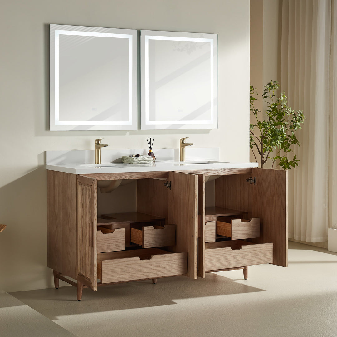 Elora 60 inch vanity 6 hidden drawers and 4 soft-close cabinet doors antique oak