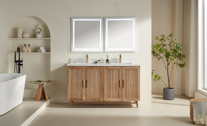 Elora 60" Antique Oak Solid Wood Double Sink Freestanding Bathroom Vanity with White Quartz Countertop &amp; 2 Undermount Sinks | Modern Vanity Canada