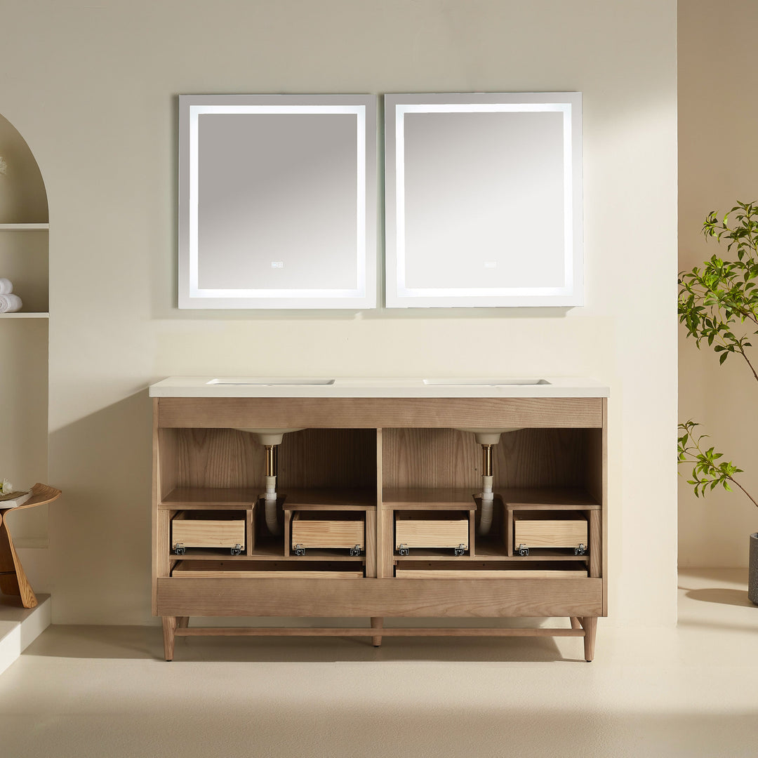 Elora 60" Antique Oak Solid Wood Double Sink Freestanding Bathroom Vanity with White Quartz Countertop &amp; 2 Undermount Sinks | Modern Vanity Canada